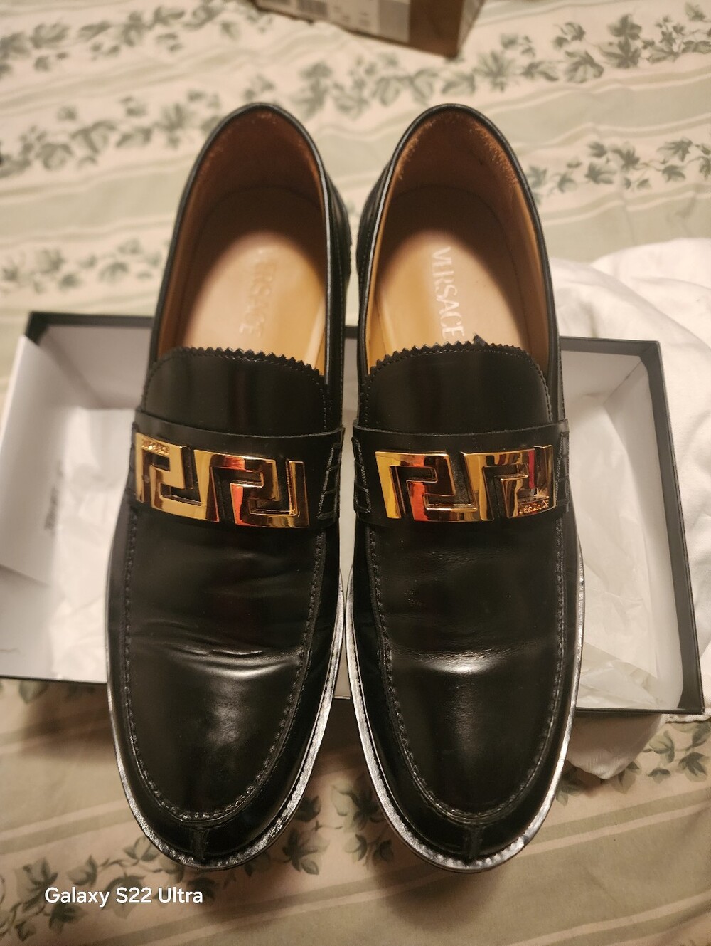 Versace Black Leather Men's Slip-On Loafers with Gold Greek Key